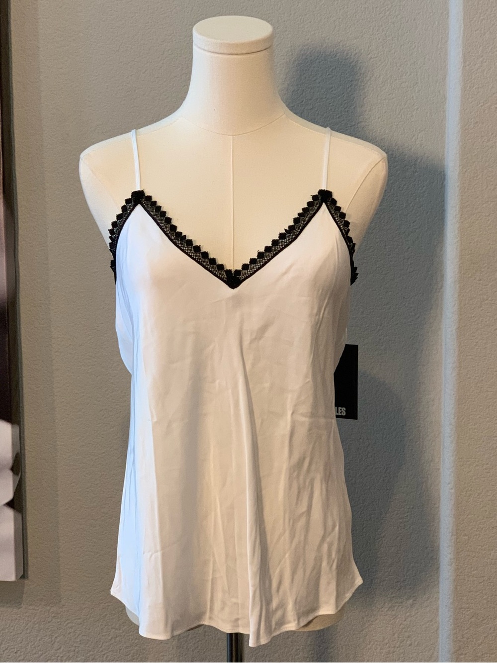 The Kooples White Satin Black Lace Trim V-neck Camisole Top French 2 / US XS